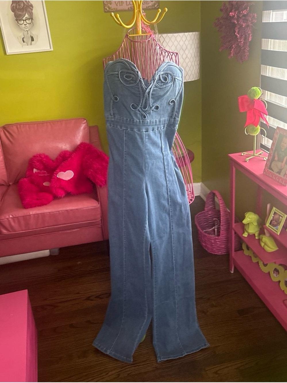 Fashion Nova Blue Denim Wide-Leg Jumpsuit with Sweetheart Bodice